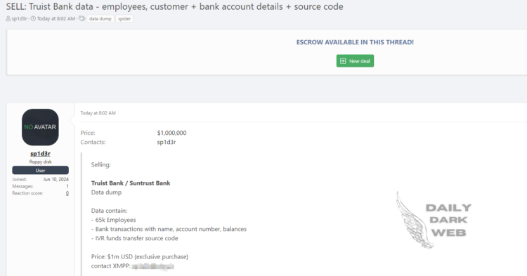 Threat Actor Claims to Sell Truist Bank Data Connected to Snowflake Breach