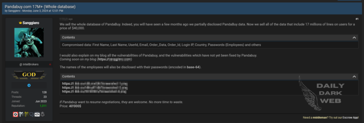 Threat Actor Claims to Sell Pandabuy Database with 17 Million User Records