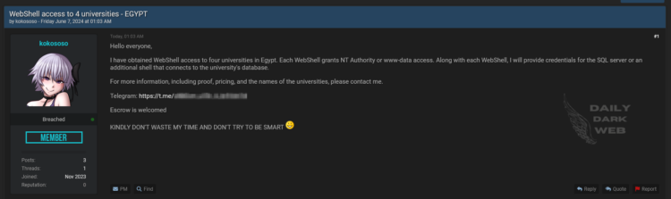 Threat Actor Allegedly Sells Unauthorized Access to Egyptian Universities