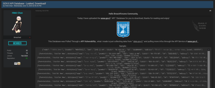 Threat Actor Allegedly Leaks Israel Government Website Database
