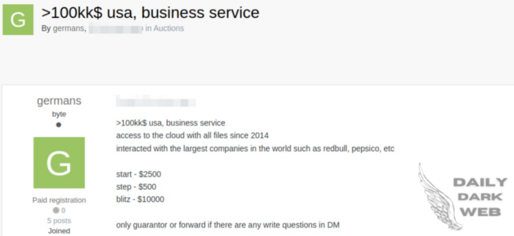 Unauthorized Access to Cloud Storage of an American Business Service Company for Sale