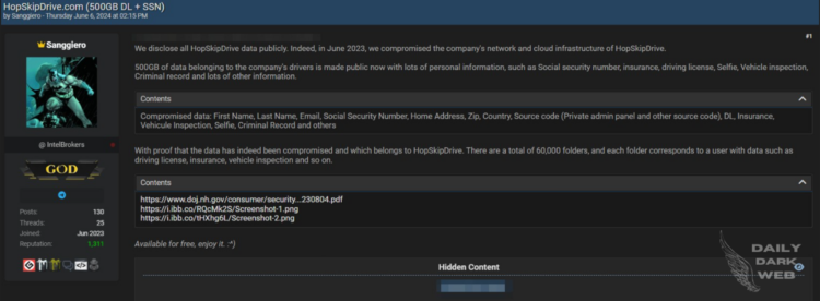 Threat Actor Claims to Have Leaked Database of HopSkipDrive Drivers