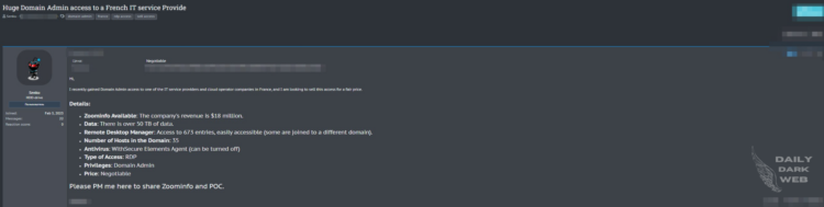Threat Actor Allegedly Offers Unauthorized RDP Access to a French IT Service Provider