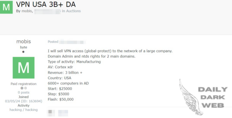 Threat Actor Allegedly Offers Unauthorized VPN Access to an American Manufacturing Company