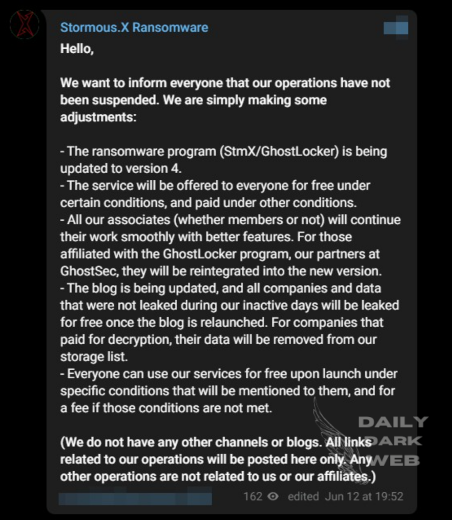 Stormous Stormous Ransomware Group Announced Service Changes and Updates - Daily ...