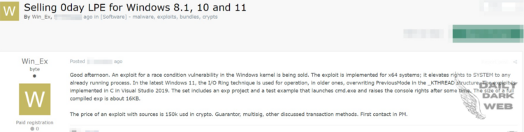 Threat Actor Claims to Sell Zero-Day LPE Exploit for Windows 8.1, 10, and 11