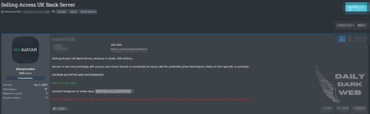 Threat Actor Claims to Sell Access to an UK Bank Server