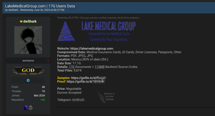 17 GB of User Data from Lake Medical Group is Allegedly Leaked