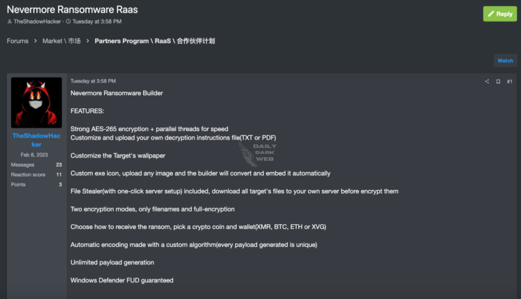 A Ransomware Builder Advertised on a Dark Web Forum