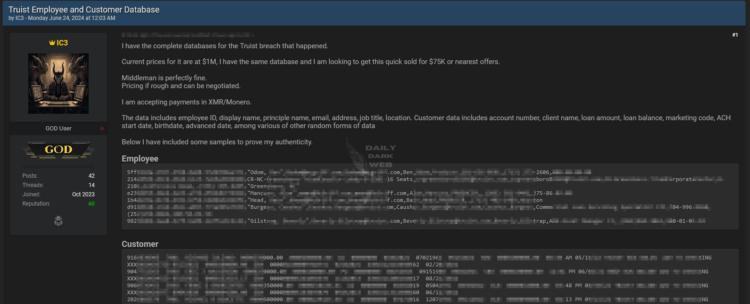 Alleged Truist Databases are on Sale
