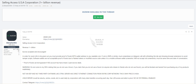 Alleged Access Sale for a US Based Corporation