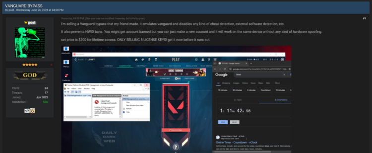 Vanguard Bypass Appeared on a Dark Web Forum