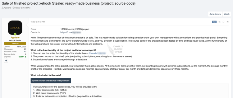 A Stealer is Published on a Dark Web Forum