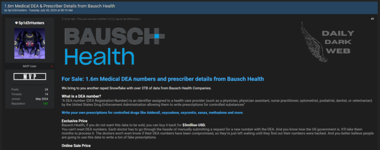 Threat Actor Claims to Sell Bausch Health Data, Including 1.6 Million DEA Numbers