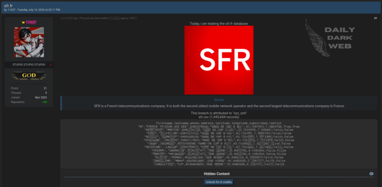 Threat Actor Claims to Have Leaked Database of French Telecom Giant SFR