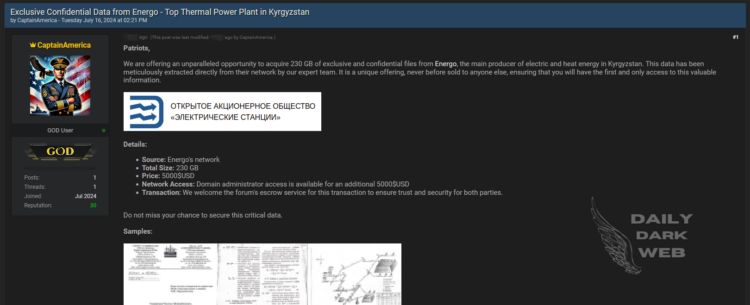 Threat Actor Claims to Sell Confidential Data from Energo, Kyrgyzstan’s Main Energy Producer