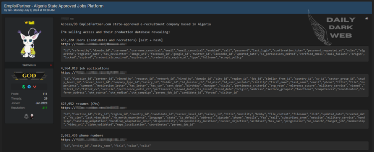 Threat Actor Claims to Sell Access and Database for EmploiPartner.com