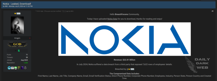 Threat Actor Claims to Leak Nokia Employee Data from Third Party Breach