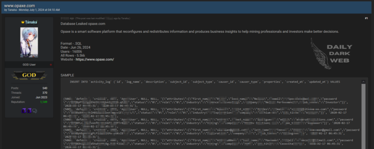 Threat Actor Claims to Leak Database of Opaxe, Impacting 16,000 Users and 5.5 Million Records