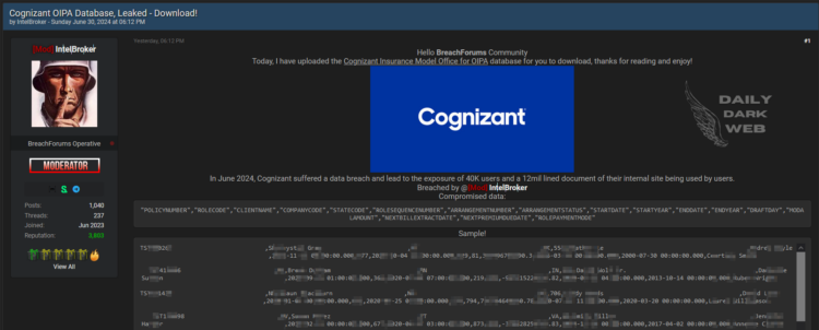IntelBroker Allegedly Leaks Cognizant OIPA Database, Exposing 40,000 User Records