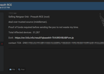 Threat Actor Claims to Sell 0day (Preauth RCE) for Netgear Orbi