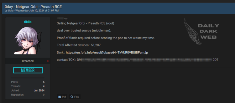 Threat Actor Claims to Sell 0day (Preauth RCE) for Netgear Orbi