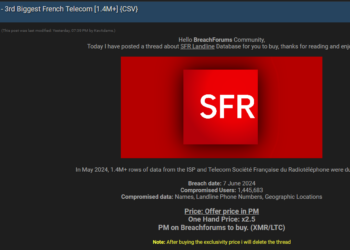 Threat Actor Claims to Sell Database of SFR, France’s Third Largest Telecom