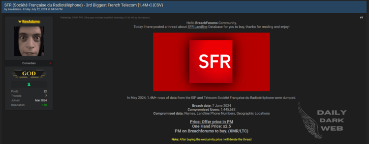 Threat Actor Claims to Sell Database of SFR, France’s Third Largest Telecom
