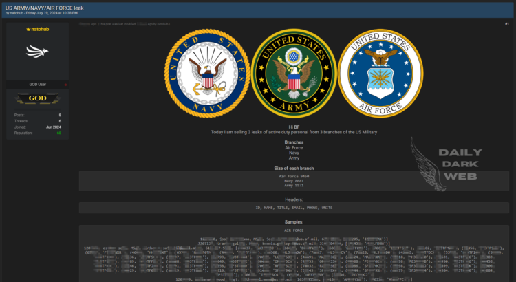 Threat Actor Claims to Sell Data of Active Duty Personnel from Three US Military Branches