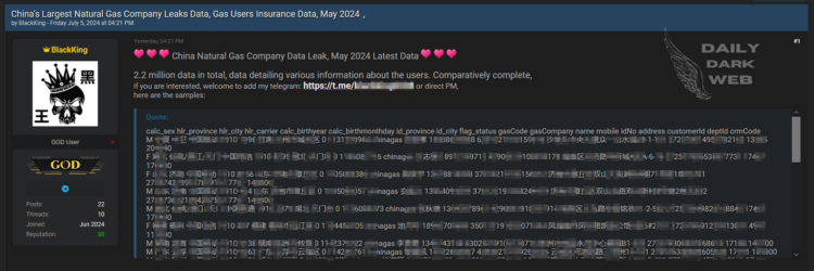 Threat Actor Claims to Sell Data of China’s Largest Natural Gas Company