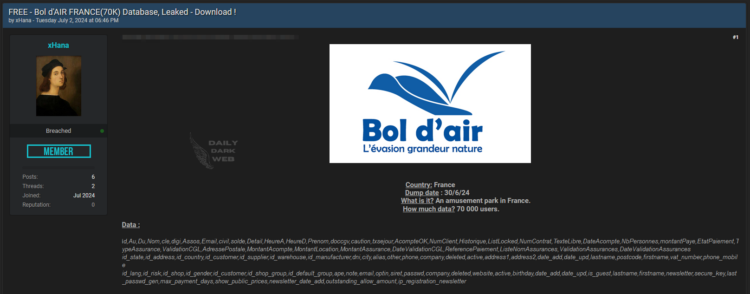 Bol d’air France Database is Allegedly Leaked