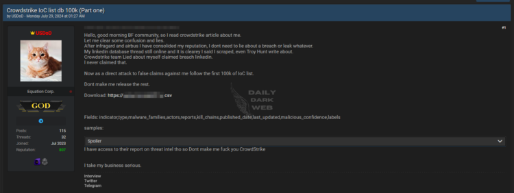 UsDoD Allegedly Published CrowdStrike IoC List