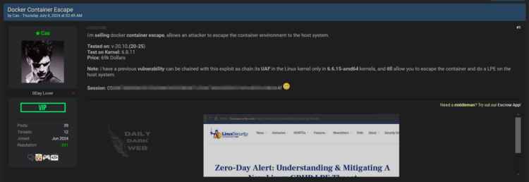Alleged Docker Container Escape Appeared on a Dark Web Forum