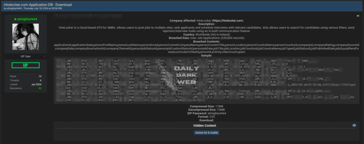 Alleged Hirelocker Application Database Published on a Dark Web Forum
