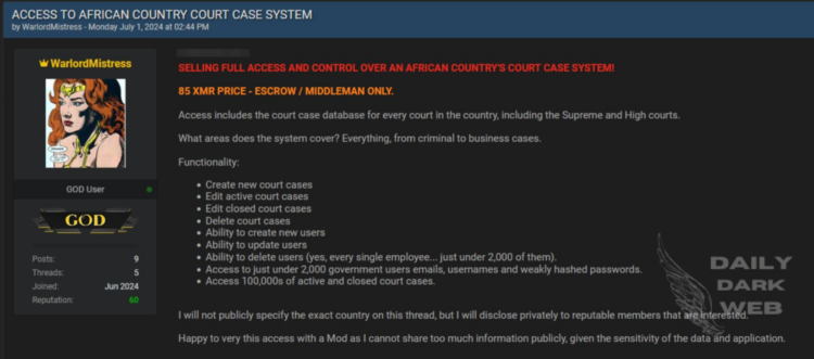 Threat Actor Claims to Sell Full Access and Control Over African Country’s Court Case System