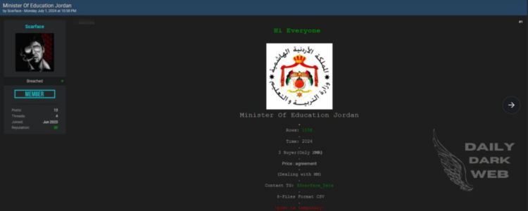 Data Breach Allegedly Involving Jordan’s Ministry of Education: Sensitive Information Exposed