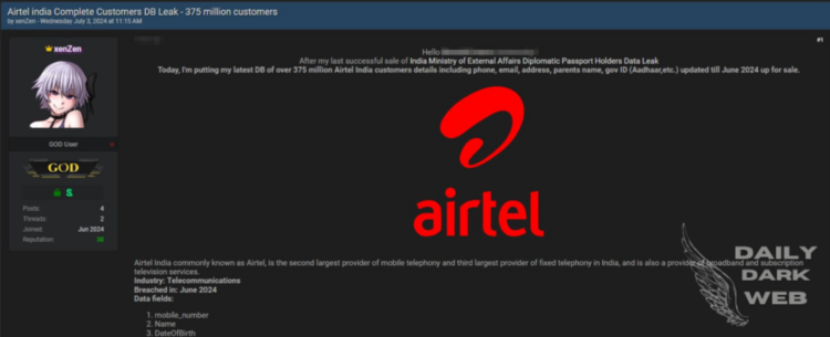 Threat Actor Claims to Sell Database of Airtel India, Including 375 million India Customers