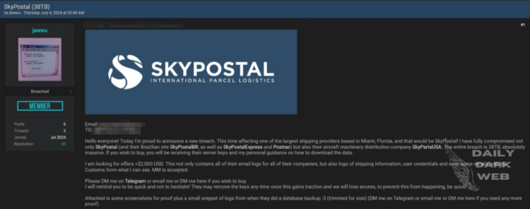 Threat Actor Claims to Sell 38TB of Data of SkyPostal and SkyPartsUSA