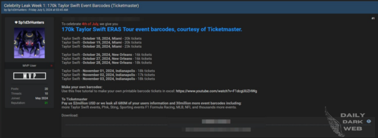 Hacker Claims to Have 170k Taylor Swift ERAS Tour Barcodes, Demands Ransom from Ticketmaster