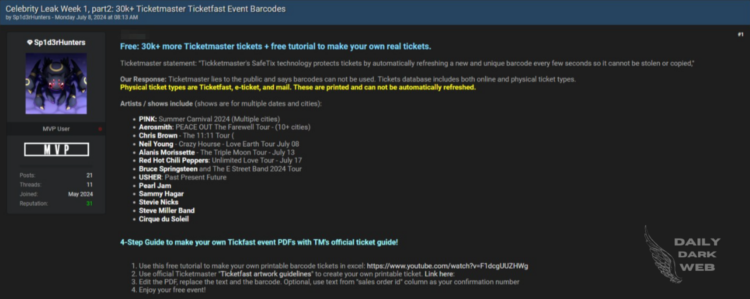 Part2: A Threat Actor Claims to Release More Ticketmaster Tickets, Posted New Ransom Demand