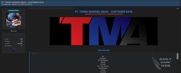Threat Actor Claims to Leak Database of PT Tekno Mandiri Abadi