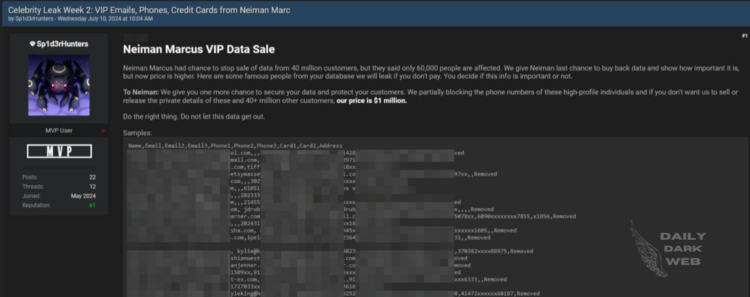 Threat Actor Claims to Sell Customer Database of Neiman Marcus