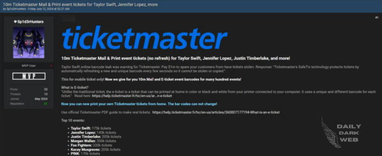 Part 3: A Threat Actor Claims to Release More Ticketmaster Tickets, Comprising 10 Million Mail and E-ticket