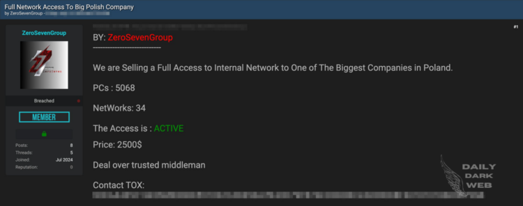 Threat Actor Claims to Sell Full Access to Internal Network of Major Polish Company