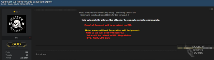 A Threat Actor Selling OpenSSH Command Injection Exploit for Version 9.6