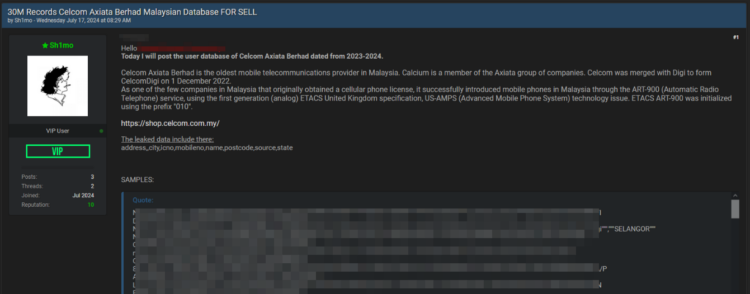 Threat Actor Claims to Sell Database of Celcom Axiata Berhad