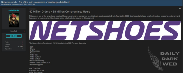 Threat Actor Claims to Sell Customer Data of Netshoes