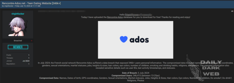 Threat Actor Claims to Have Leaked Database of Rencontre-Ados