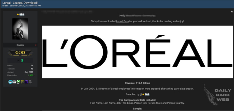 Threat Actor Claims to Have Leaked Data of L’Oréal, Including 5,110 Employees Data