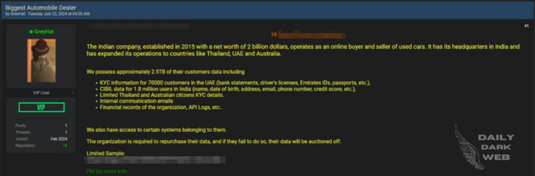 Threat Actor Claims to Sell Data of India’s Largest Automobile Dealer